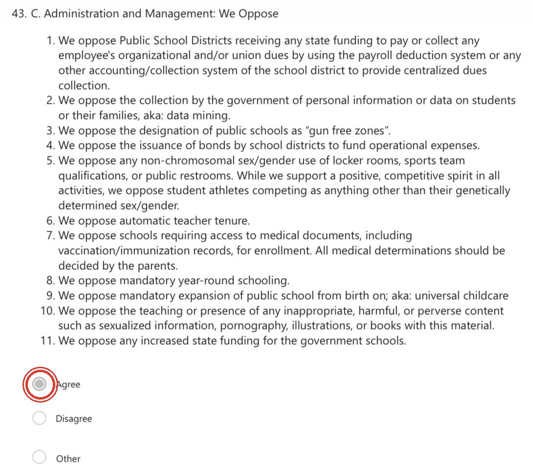 Question 43 of the OKGOP survey with the Agree option selected