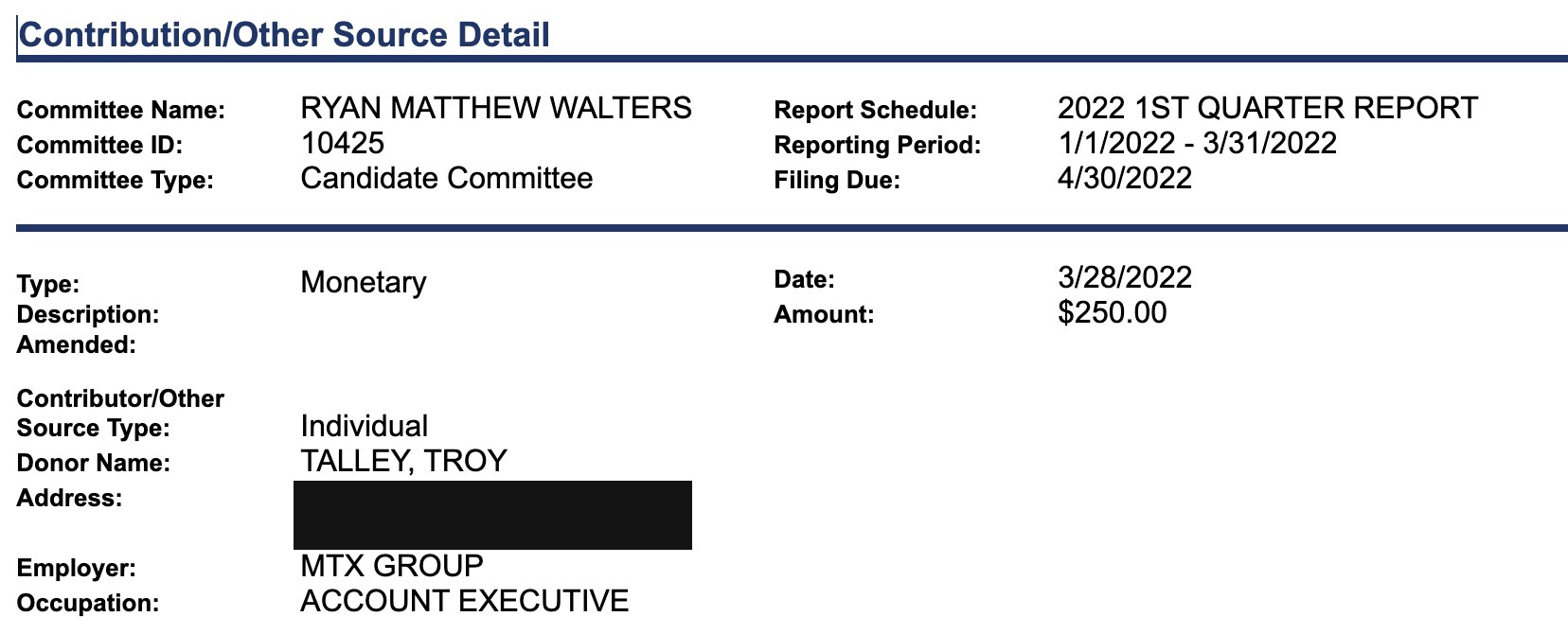 Oklahoma Ethics Commission record: $250 contribution from Troy Talley to Ryan Matthew Walters, March 28, 2022